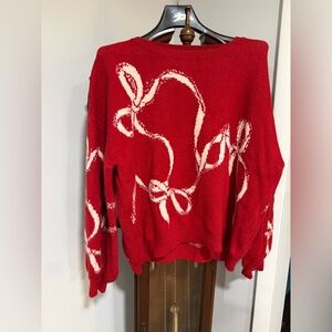 Cider Red and White Bow Pattern Sweater